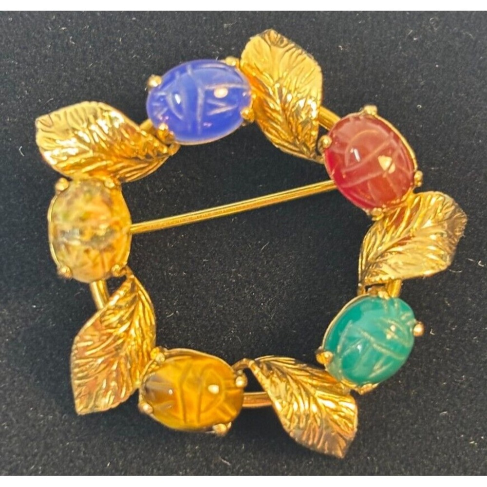Brooch 12KG Gold Filled Clark & Coombs Signed Scarab‎ Cabochon Egyptian Revival